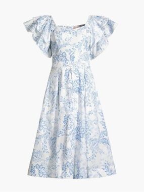 Rachel Parcell Floral Flutter Sleeve Midi Dress White and Blue Size Large